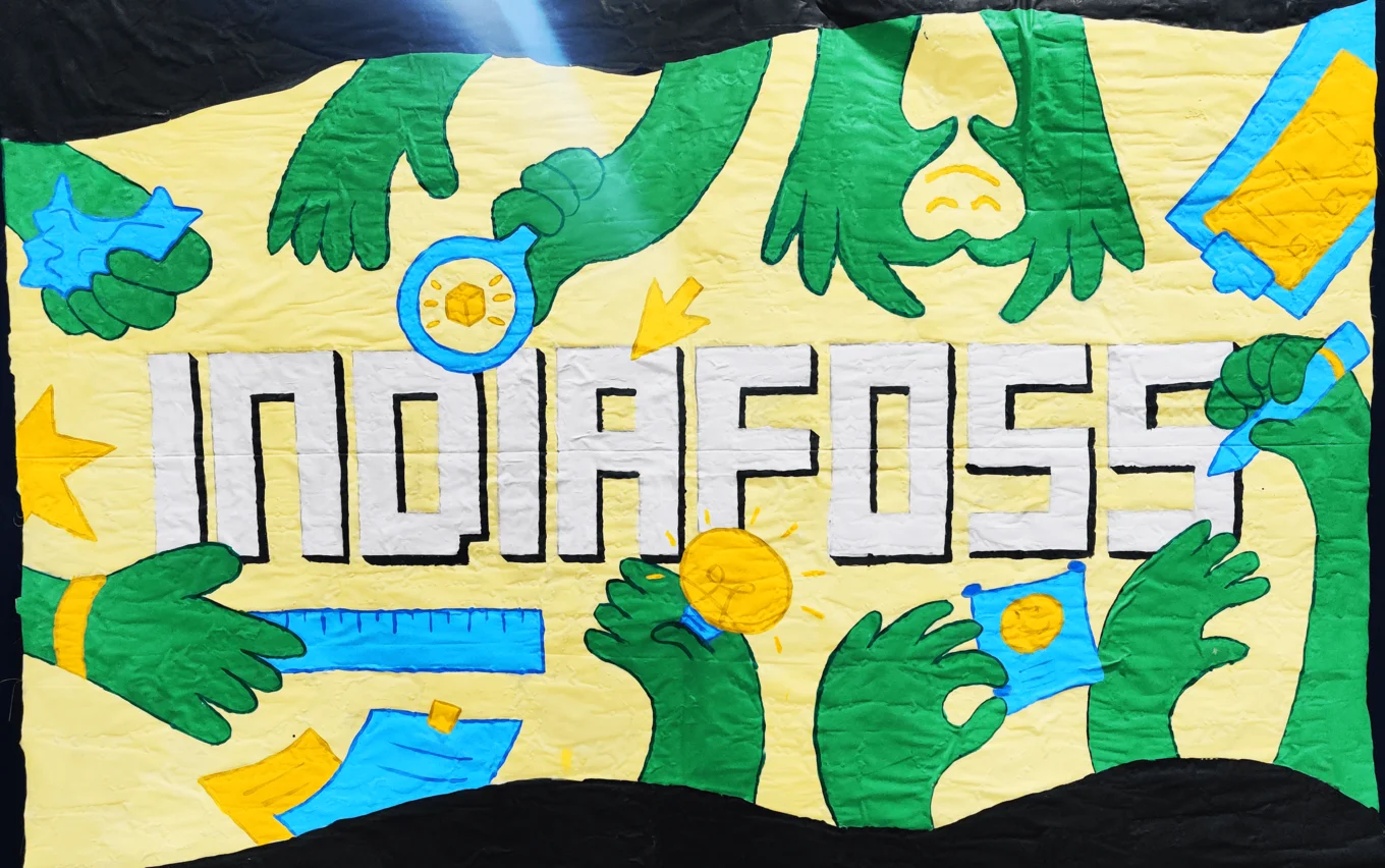 Text "INDIAFOSS" with green hands holding tools.